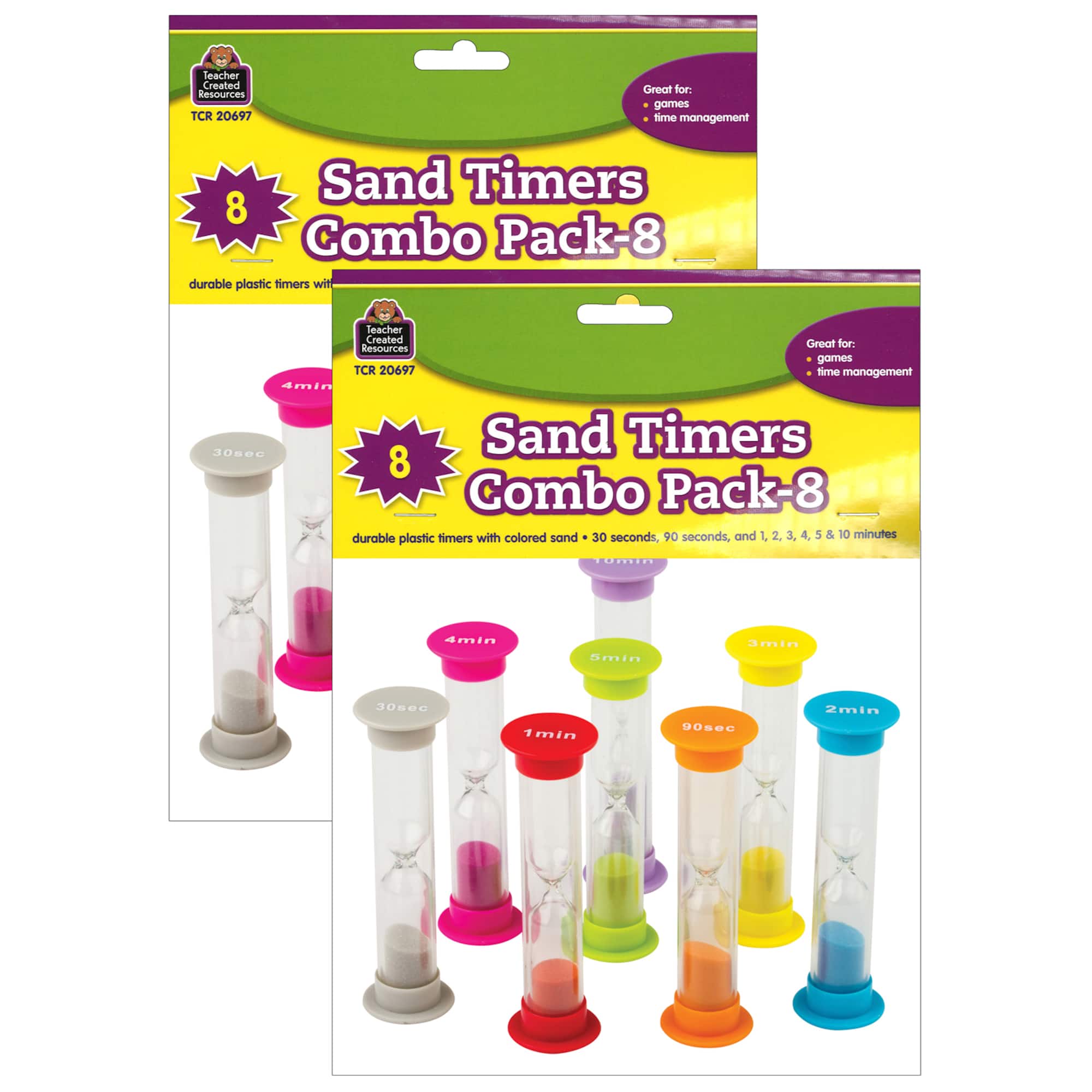Teacher Created Resources® Multicolor Small Sand Timers Combo, Assorted Color & Times, 8 Per Pack, 2 Packs